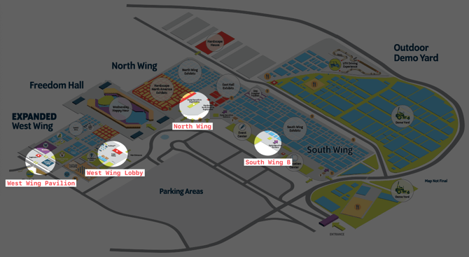 Map of badge pickup locations at the Kentucky Exposition Center: North Wing, South Wing B, West Wing Lobby, West Wing Pavilion